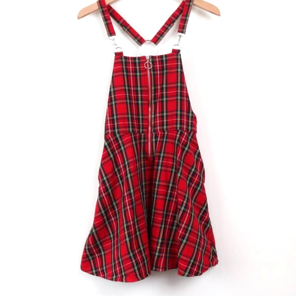 Hot Topic Size S Skirtall Front O-ring Zipper Overall Dress Plaid Red - Picture 3 of 12